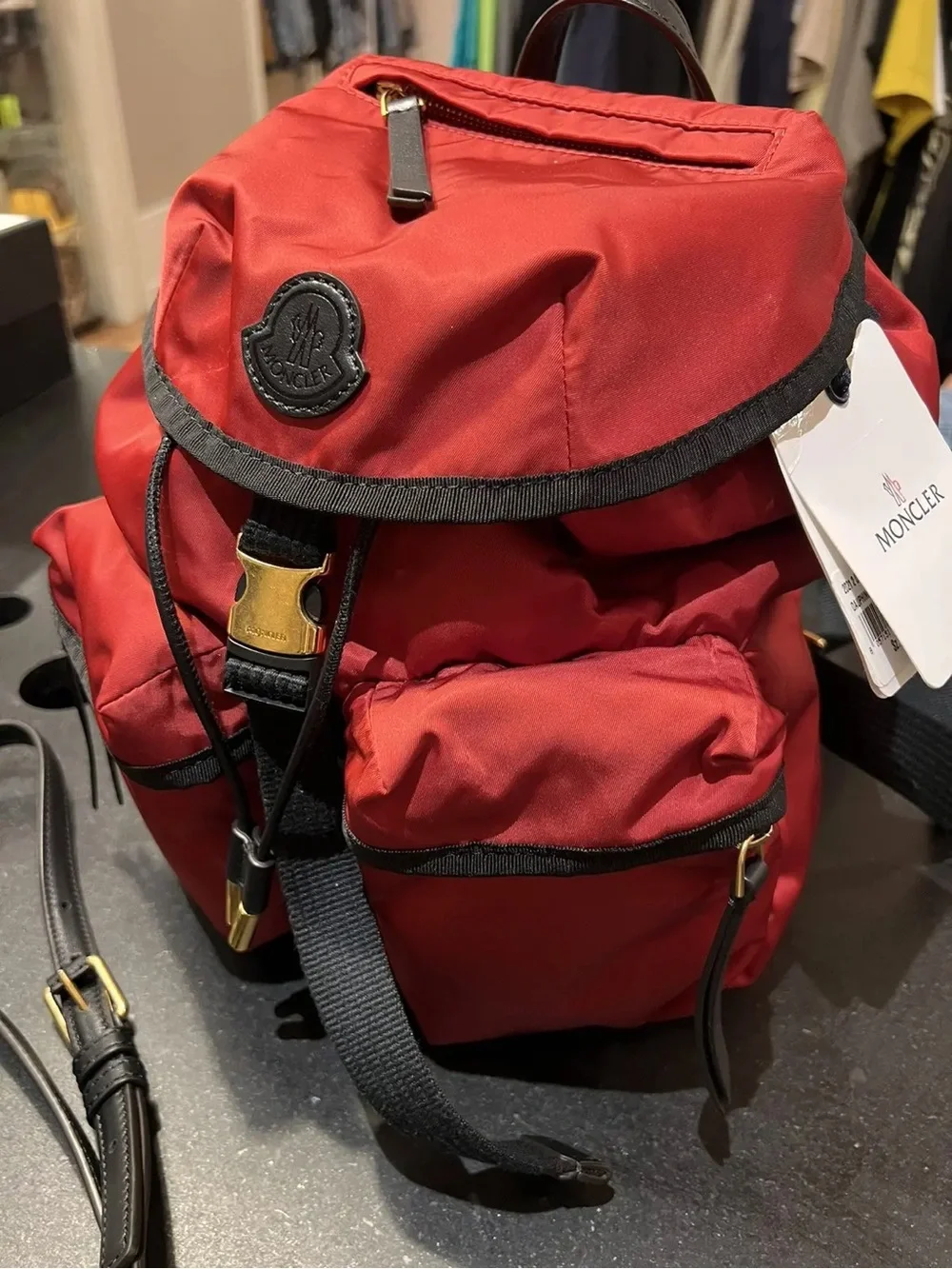 Moncler Red Nylon Mini Backpack with Gold-Tone Accents
